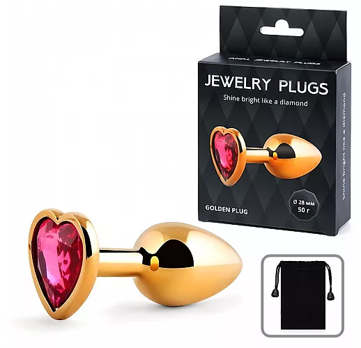 Металлическая золотистая анальная пробка Jewelry Plug с малиновым стразом-сердечком - 7 см. ⌀ 2,8 см