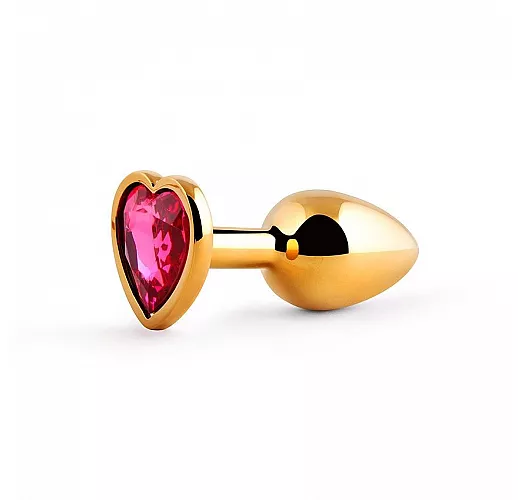Металлическая золотистая анальная пробка Jewelry Plug с малиновым стразом-сердечком - 7 см. ⌀ 2,8 см