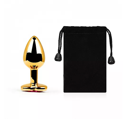 Металлическая золотистая анальная пробка Jewelry Plug с малиновым стразом-сердечком - 7 см. ⌀ 2,8 см