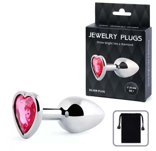 Металлическая серебристая анальная пробка Jewelry Plug с малиновым стразом-сердцем - 7 см. ⌀ 2,8 см.
