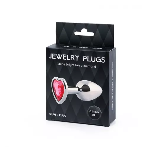 Металлическая серебристая анальная пробка Jewelry Plug с малиновым стразом-сердцем - 7 см. ⌀ 2,8 см.