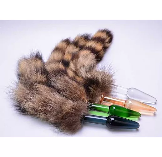 Прозрачная стеклянная анальная пробка с рыжим хвостом - 10 см.