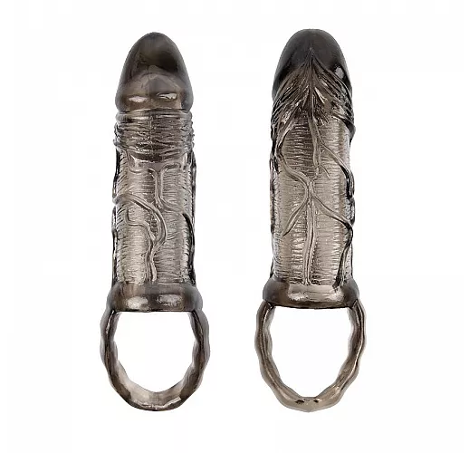 Закрытая насадка на фаллос Expert Mr. Black с кольцом для мошонки и выраженными венками - 15 см.