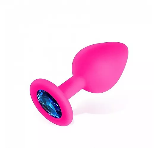 Розовая силиконовая анальная пробка Sexy Friend "Love Play" с синим стразом - 8 см. ⌀ 3,5 см.