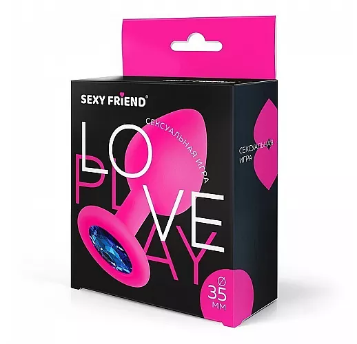 Розовая силиконовая анальная пробка Sexy Friend "Love Play" с синим стразом - 8 см. ⌀ 3,5 см.