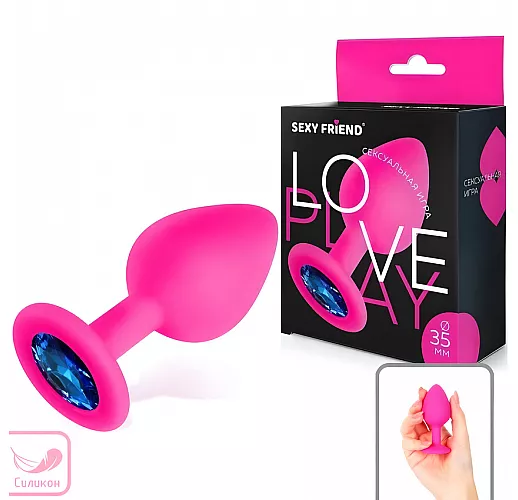 Розовая силиконовая анальная пробка Sexy Friend "Love Play" с синим стразом - 8 см. ⌀ 3,5 см.