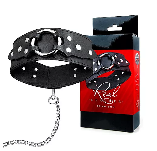 Строгий кожаный ошейник Notabu "Real Leather" с металлическим поводком, карабином и большим кольцом