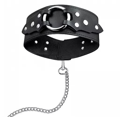 Строгий кожаный ошейник Notabu "Real Leather" с металлическим поводком, карабином и большим кольцом