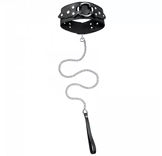 Строгий кожаный ошейник Notabu "Real Leather" с металлическим поводком, карабином и большим кольцом