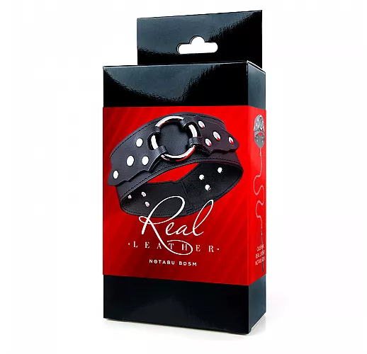 Строгий кожаный ошейник Notabu "Real Leather" с металлическим поводком, карабином и большим кольцом