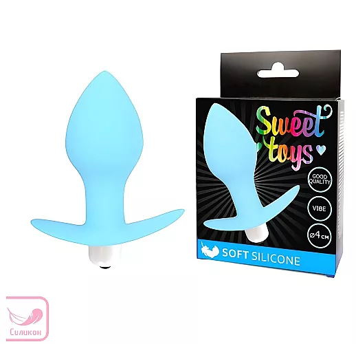 Голубая силиконовая анальная пробка "Sweet Toys Silicone" с вибрацией и ограничителем - 8 см.