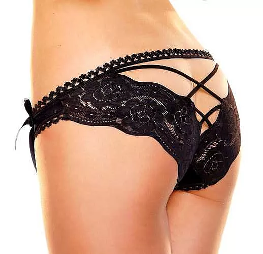 Ажурные трусики с декоративной шнуровкой на попке S-M черный