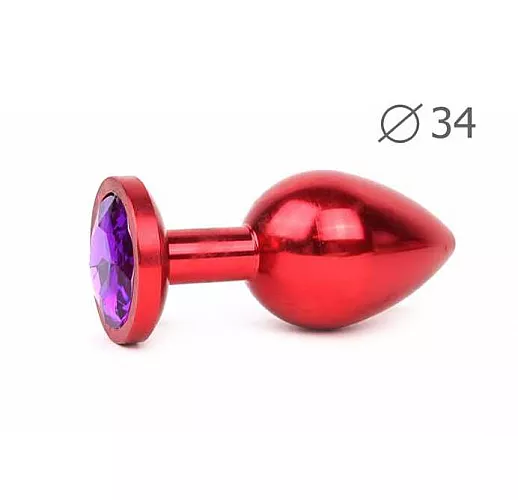Коническая красная анальная втулка с кристаллом фиолетового цвета - 8,2 см.