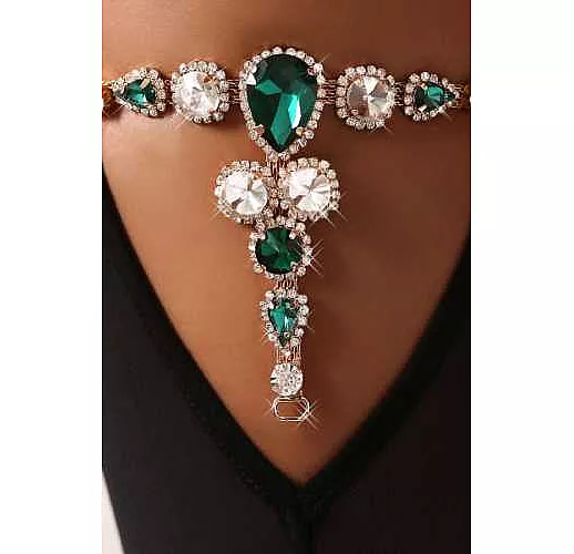 Чулки со стразами на атласном поясе L-XL черный с зеленым