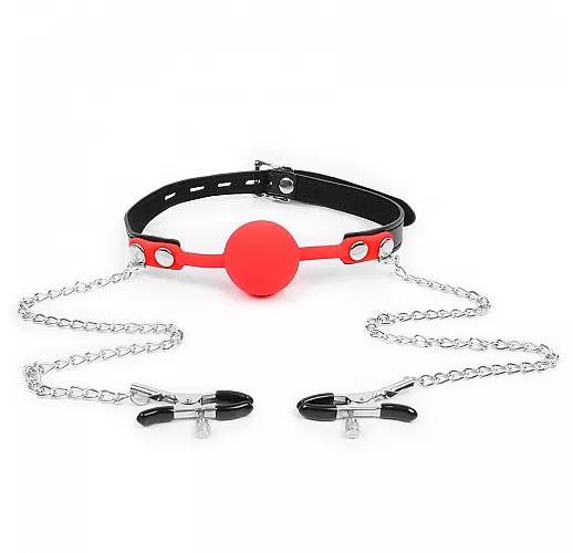 Красный кляп-шар Notabu "Silence Ball" из силикона с зажимами для сосков на металлической цепи Красный кляп-шар Notabu "Silence Ball" из силикона с зажимами для сосков на металлической цепи
