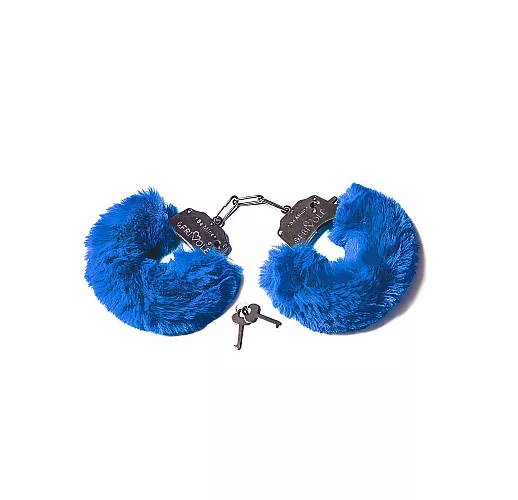 Шикарные наручники Le Frivole "Be Mine Fur" с пушистым мехом цвета кобальт