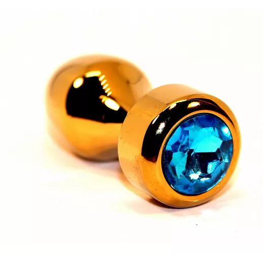 Золотистая анальная пробка с голубым кристаллом - 7,8 см.