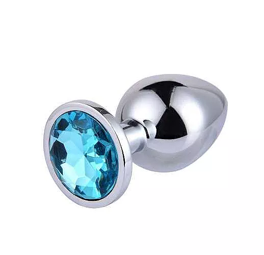 Большая серебристая анальная пробка с голубым кристаллом - 9,5 см.