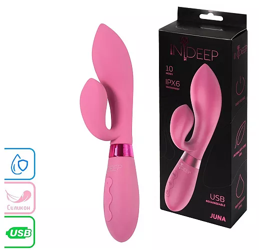 Малиновый вибратор-кролик Indeep "Juna" с 10 режимами вибрации, 2 вибромоторами, IPX6, USB - 21,5 см
