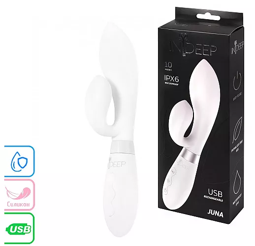 Белый вибратор-кролик Indeep "Juna" с 10 режимами вибрации, 2 вибромоторами, IPX6, USB - 21,5 см.