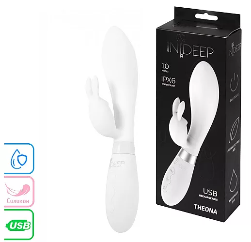 Белый вибратор-кролик Indeep "Theona" с 10 режимами вибрации, 2 вибромоторами, IPX6, USB - 21,5 см.