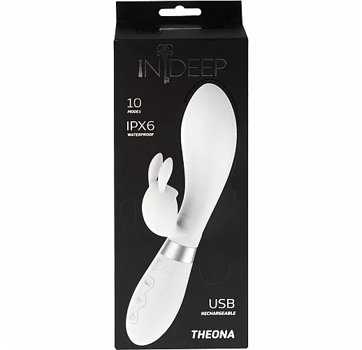 Белый вибратор-кролик Indeep "Theona" с 10 режимами вибрации, 2 вибромоторами, IPX6, USB - 21,5 см.