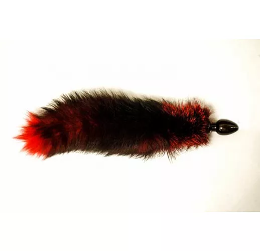 Деревянная анальная пробка черного цвета с черно-красным хвостом