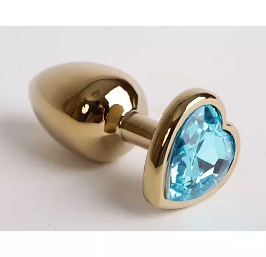 Золотистая анальная пробка с голубым кристаллом-сердцем - 9 см.