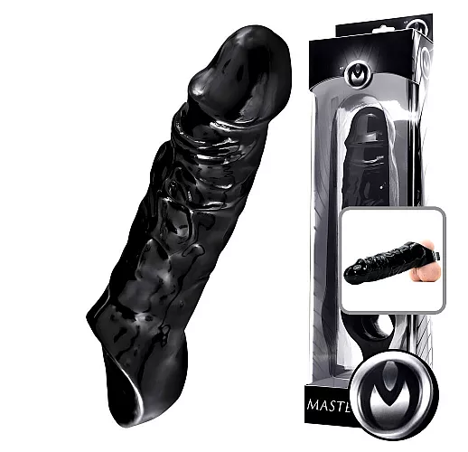 Внушительная чёрная насадка на член XR "Black Mamba" с рельефом для стимуляции и кольцом - 22,8 см.