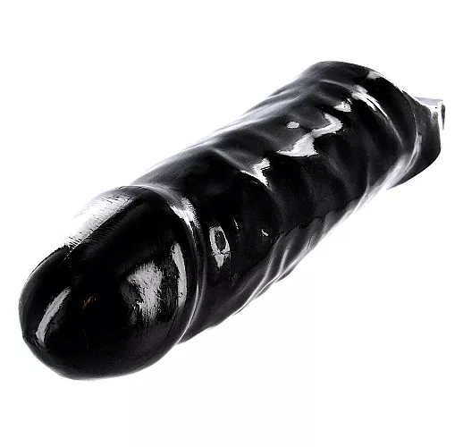 Внушительная чёрная насадка на член XR "Black Mamba" с рельефом для стимуляции и кольцом - 22,8 см.