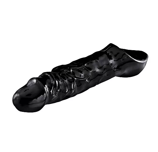 Внушительная чёрная насадка на член XR "Black Mamba" с рельефом для стимуляции и кольцом - 22,8 см.