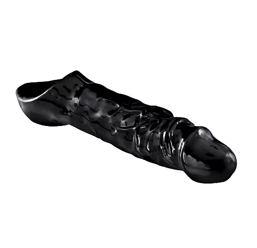 Внушительная чёрная насадка на член XR "Black Mamba" с рельефом для стимуляции и кольцом - 22,8 см.