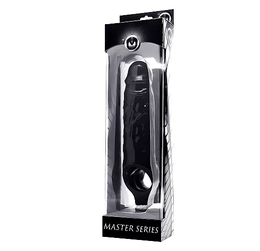 Внушительная чёрная насадка на член XR "Black Mamba" с рельефом для стимуляции и кольцом - 22,8 см.