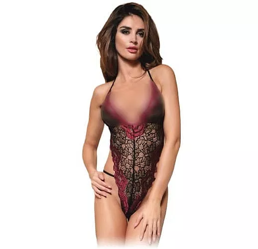 Изысканное кружевное боди Dallas S-M-L черный с малиновым