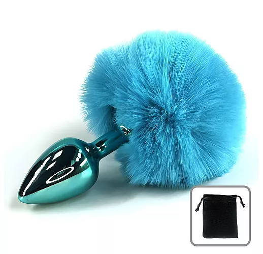 Металлическая анальная пробка Hare с заячьим хвостом из натурального меха голубого цвета - 11,5 см.