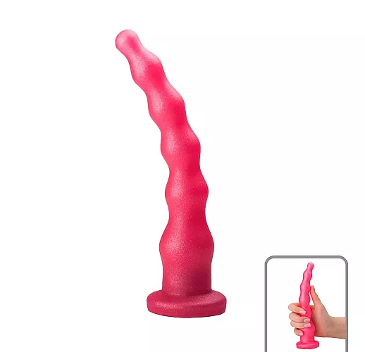 Розовый удлинённый анальный стимулятор из геля, с шариками и коннектором для страпона - 22 см.