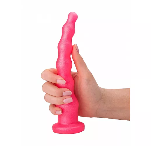 Розовый удлинённый анальный стимулятор из геля, с шариками и коннектором для страпона - 22 см.
