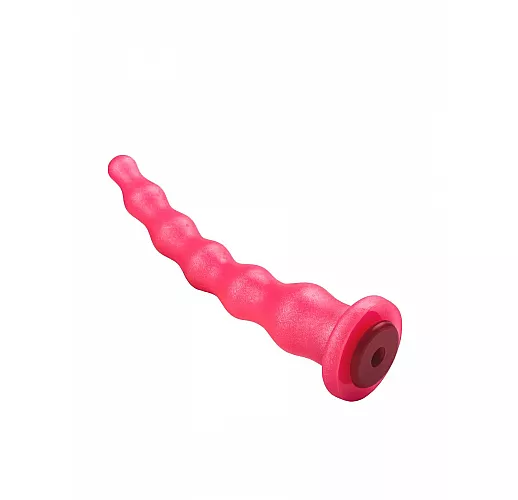 Розовый удлинённый анальный стимулятор из геля, с шариками и коннектором для страпона - 22 см.