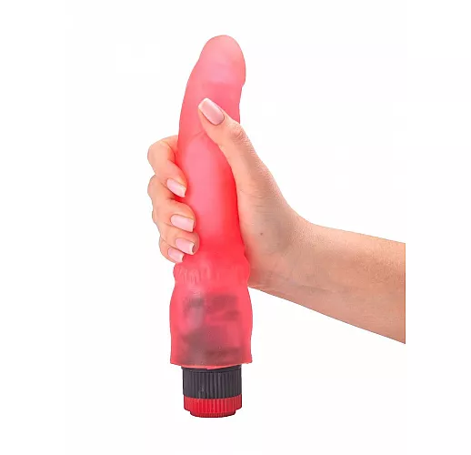 Розовый гелевый вибромассажёр со встроенным пультом управления вибрацией - 19,3 см.
