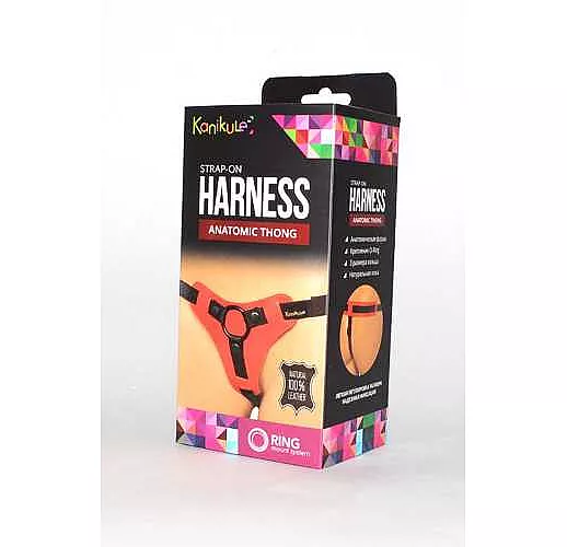 Красно-чёрные трусики для фиксации насадок кольцом Kanikule Leather Strap-on Harness Anatomic Thong