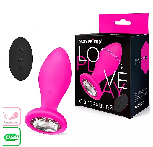 Анальная вибропробка Sexy Friend "Love Play" с прозрачным стразом, 10 режимов, ДУ, USB - 8,5 см.