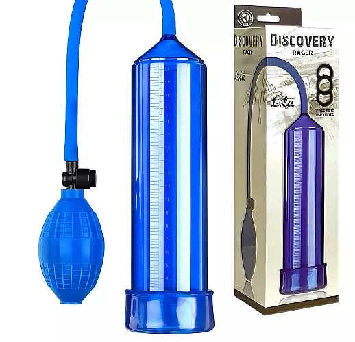 Синяя вакуумная помпа Discovery "Racer Blue" в к-т с эрекционным кольцом - 25 см. ⌀ 5,6 см.