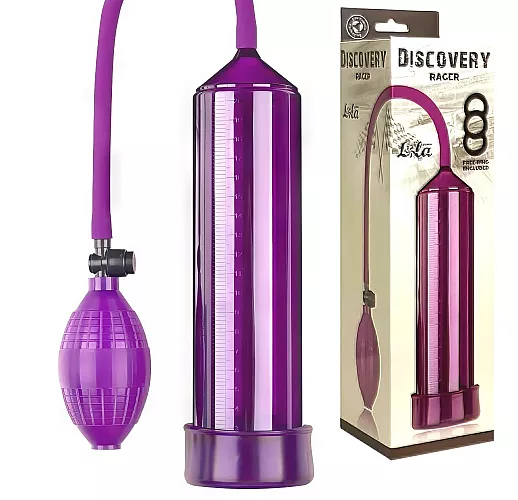 Фиолетовая вакуумная помпа Discovery "Racer Purple" в к-т с эрекционным кольцом - 21,5 см. ⌀ 5,6 см.