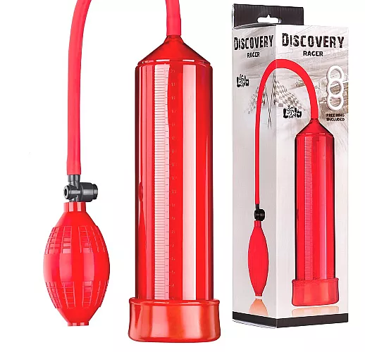 Красная вакуумная помпа Discovery "Racer Red" в к-т с эрекционным кольцом - 25 см. ⌀ 5,6 см.