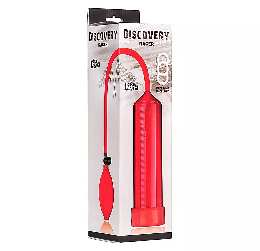 Красная вакуумная помпа Discovery "Racer Red" в к-т с эрекционным кольцом - 25 см. ⌀ 5,6 см.