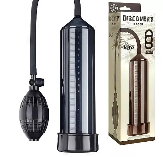 Чёрная вакуумная помпа Discovery "Racer Сharcoal" в к-т с эрекционным кольцом - 25 см. ⌀ 5,6 см.