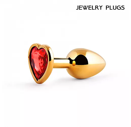 Золотистая анальная втулка с красным кристаллом-сердечком