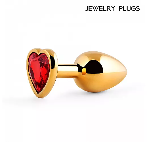 Золотистая анальная втулка Golden Plug с красным кристаллом-сердечком