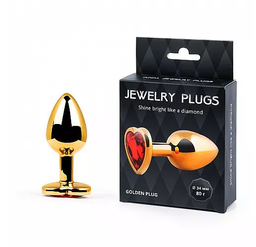Золотистая анальная втулка Golden Plug с красным кристаллом-сердечком
