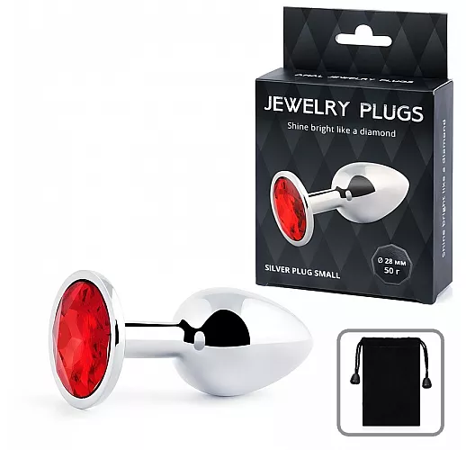 Металлическая серебристая анальная пробка Jewelry Plug с красным стразом - 7,2 см. ⌀ 2,8 см.